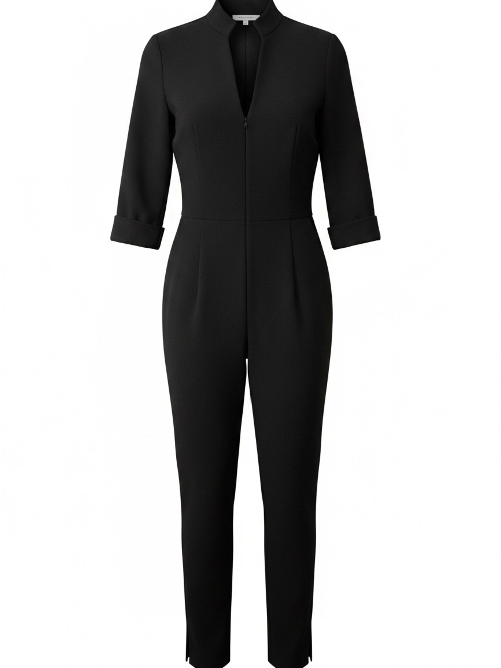 Black Halo Black Tailored Jumpsuit Size 2 Stand Collar Cuffed Sleeves Split Hem